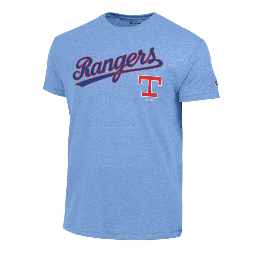 Texas Rangers Champion Cooperstown Wordmark Lockup Tri-Blend T-Shirt - Light Blue