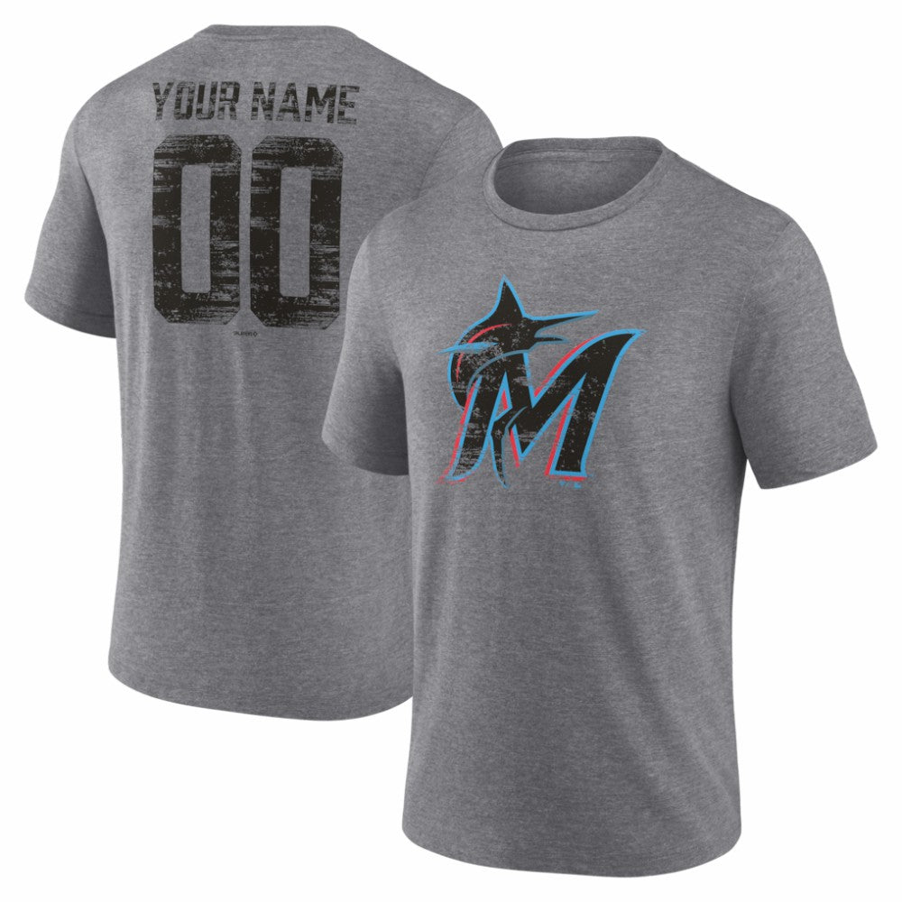 Miami Marlins Heritage Personalized Any Name & Number Tri-Blend T-Shirt - Gray