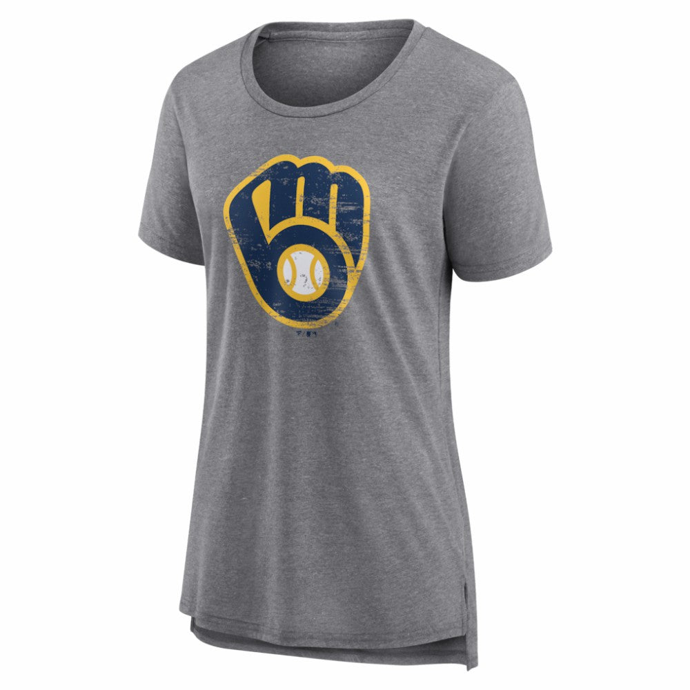 Milwaukee Brewers Women's Heritage Personalized Any Name & Number Tri-Blend T-Shirt - Gray