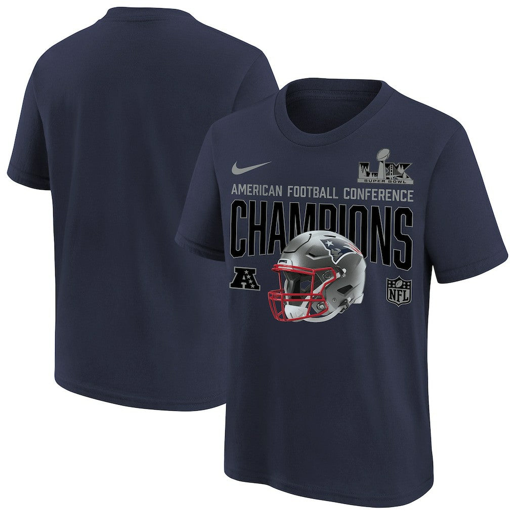 NFL New England Patriots Youth 2025 AFC Champions Glory Shield Helmet T-Shirt