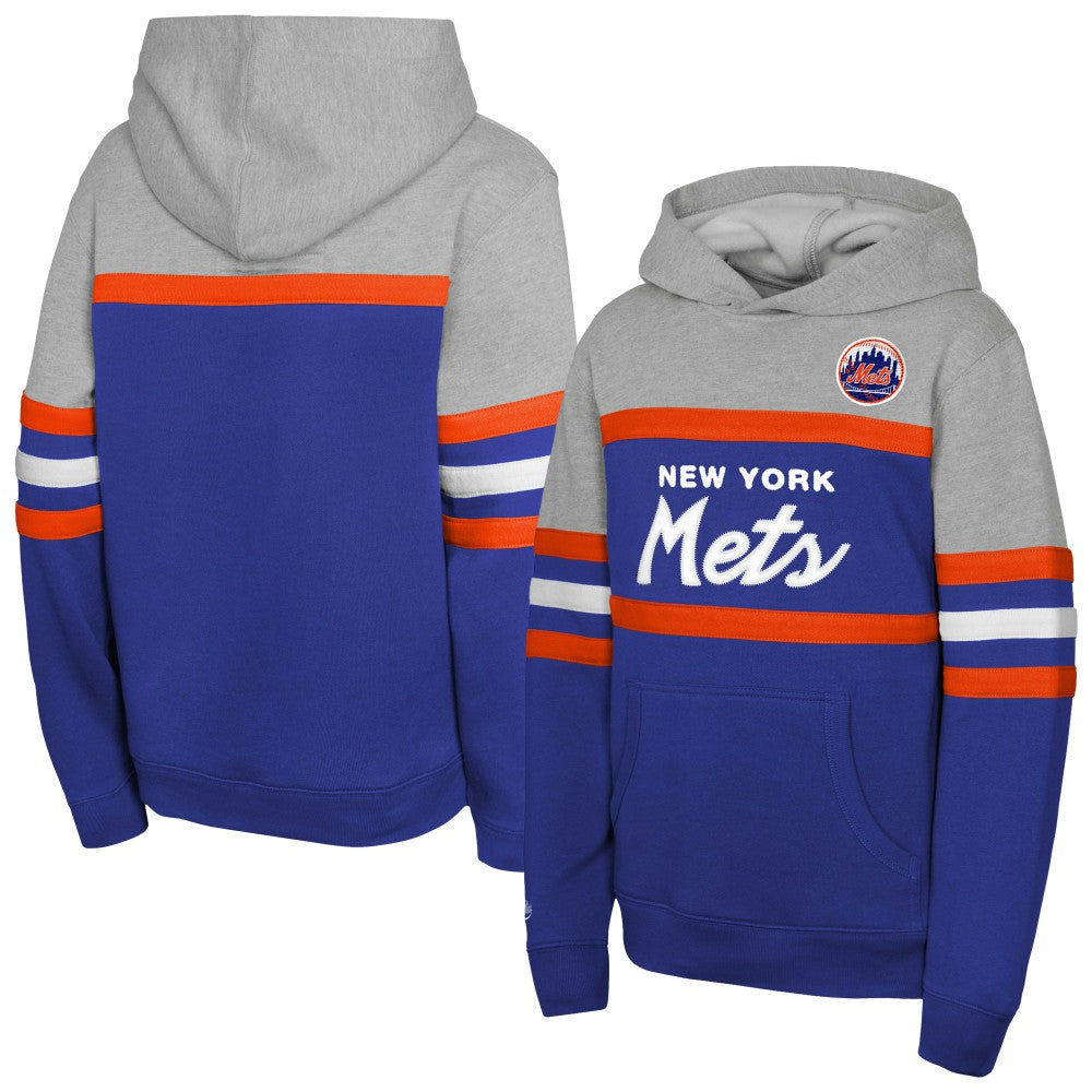 New York Mets Youth Cooperstown Head Coach Pullover Hoodie - Royal/Grey | Mitchell & Ness