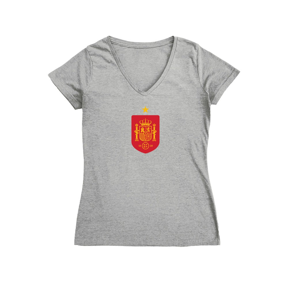 Spain National Team Vive La Fete Women's Color Badge V-Neck Fitted T-Shirt / Soccer Sale