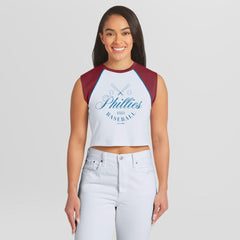 Philadelphia Phillies WEAR by Erin Andrews Women's Cooperstown Cropped Raglan Tank Top - White