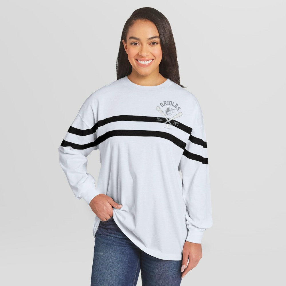 Baltimore Orioles WEAR by Erin Andrews Women's Oversized Long Sleeve Striped T-Shirt - White