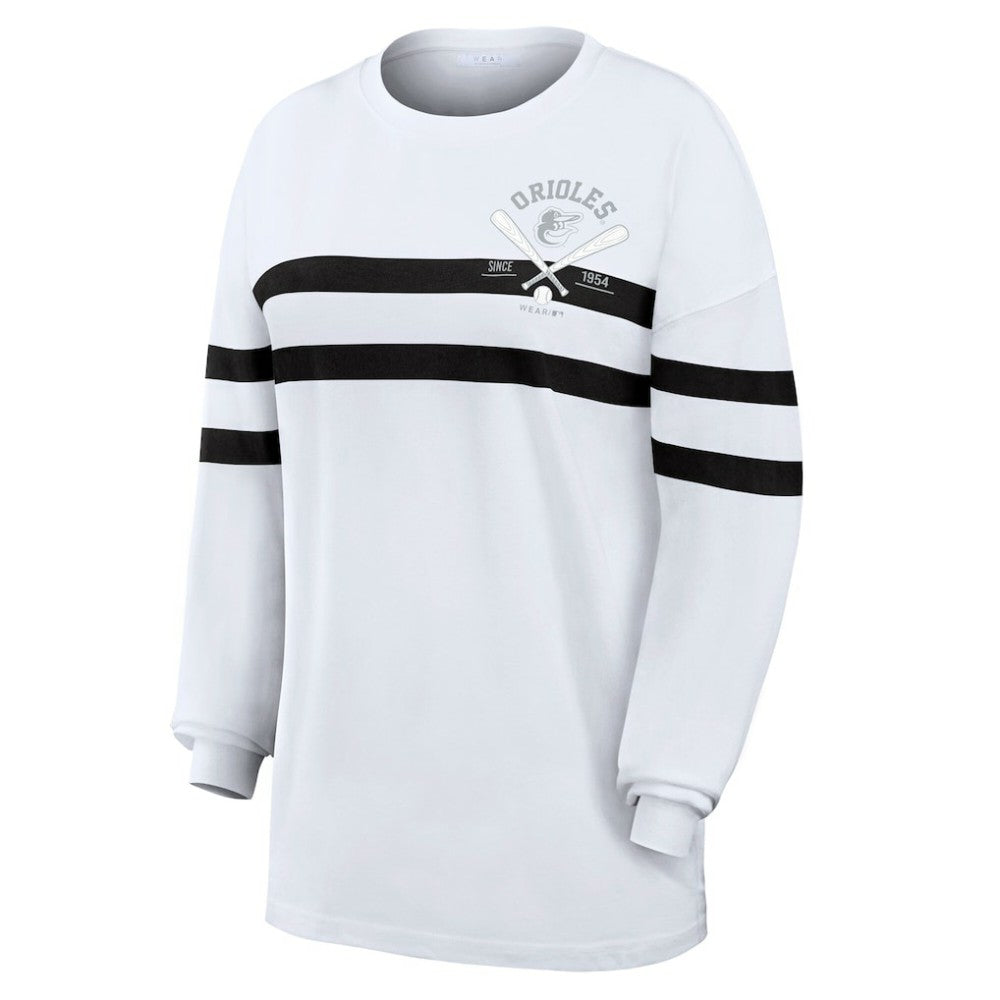 Baltimore Orioles WEAR by Erin Andrews Women's Oversized Long Sleeve Striped T-Shirt - White