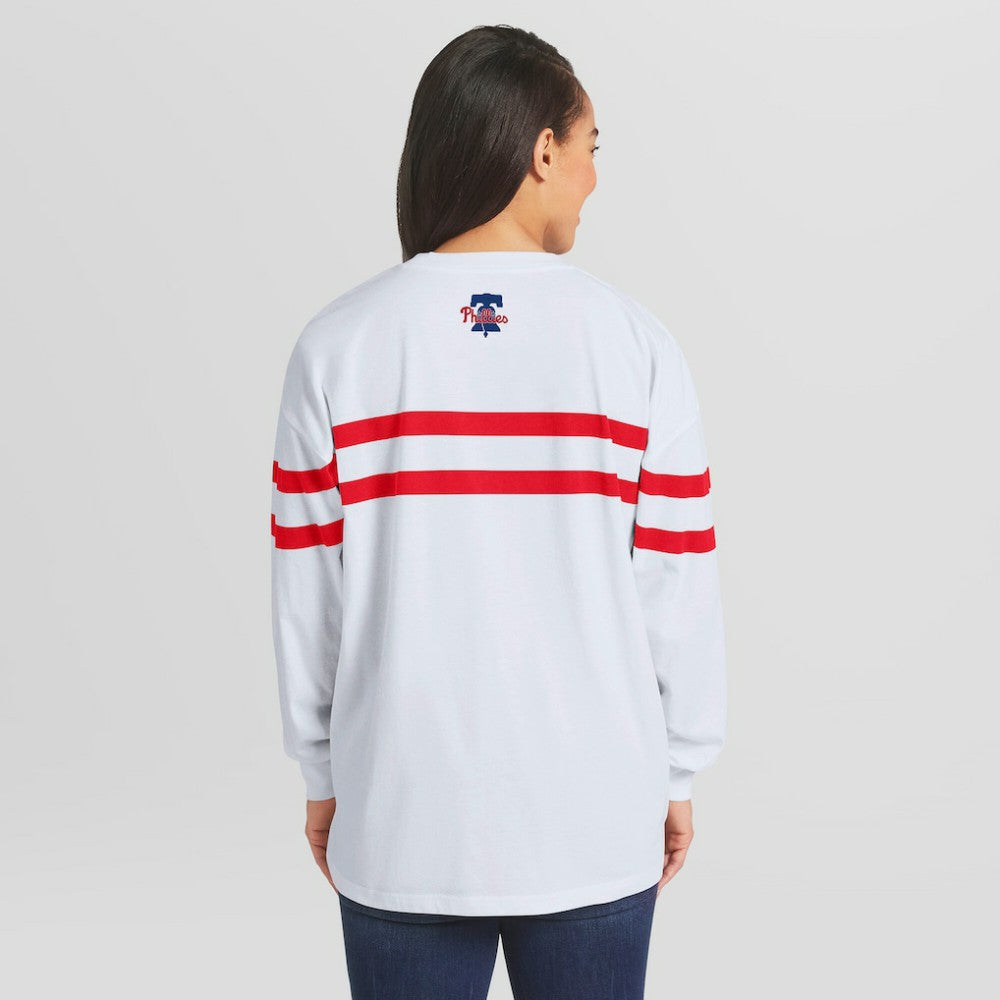 Philadelphia Phillies WEAR by Erin Andrews Women's Oversized Long Sleeve Striped T-Shirt - White