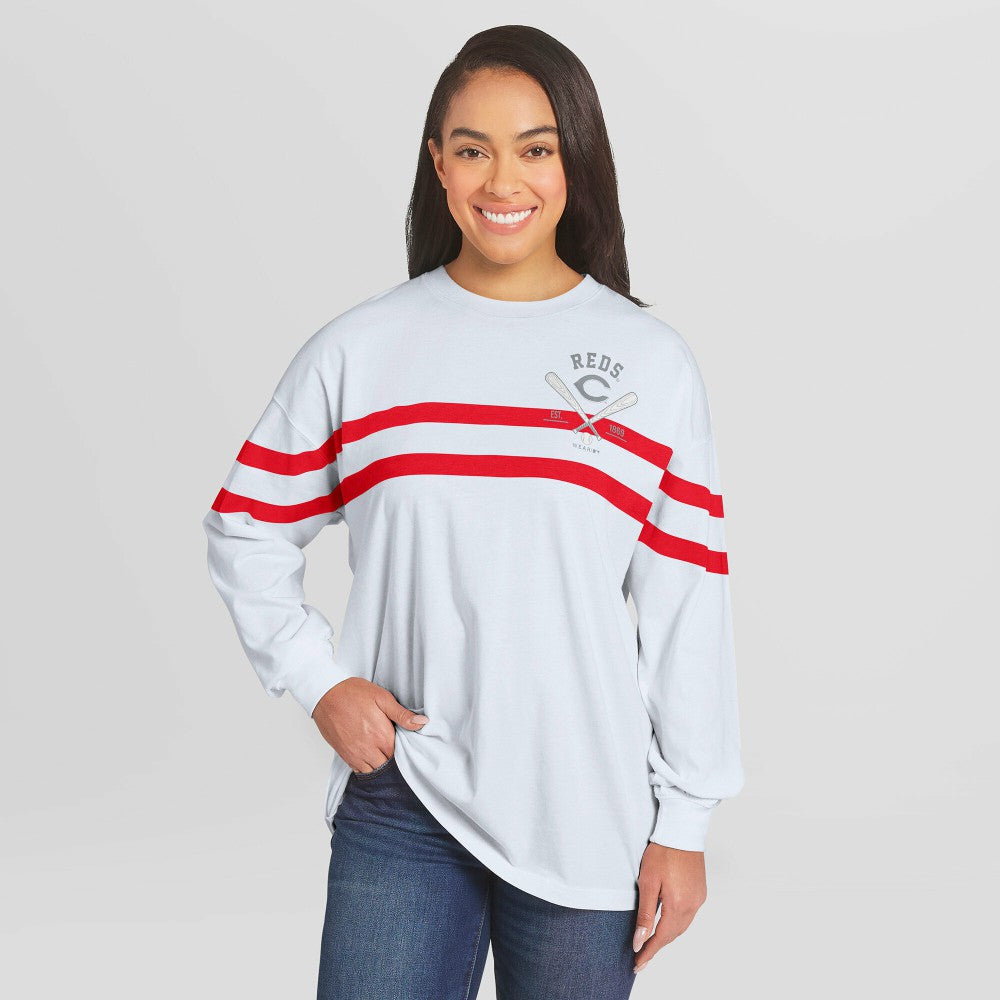 Cincinnati Reds WEAR by Erin Andrews Women's Oversized Long Sleeve Striped T-Shirt - White