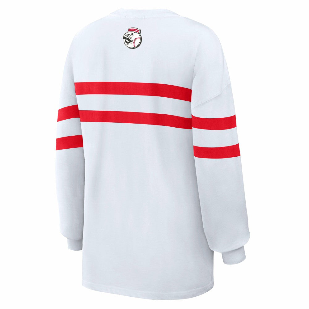 Cincinnati Reds WEAR by Erin Andrews Women's Oversized Long Sleeve Striped T-Shirt - White