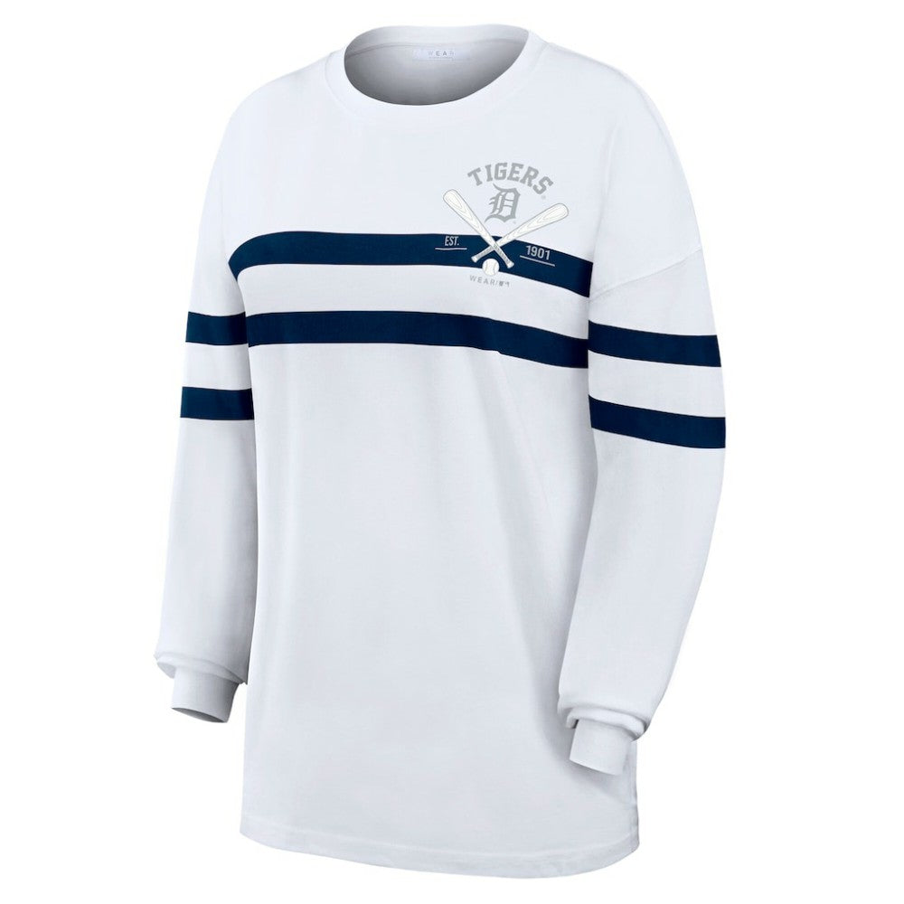 Detroit Tigers WEAR by Erin Andrews Women's Oversized Long Sleeve Striped T-Shirt - White