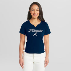 Atlanta Braves WEAR by Erin Andrews Women's Notch Neck Cropped T-Shirt - Navy