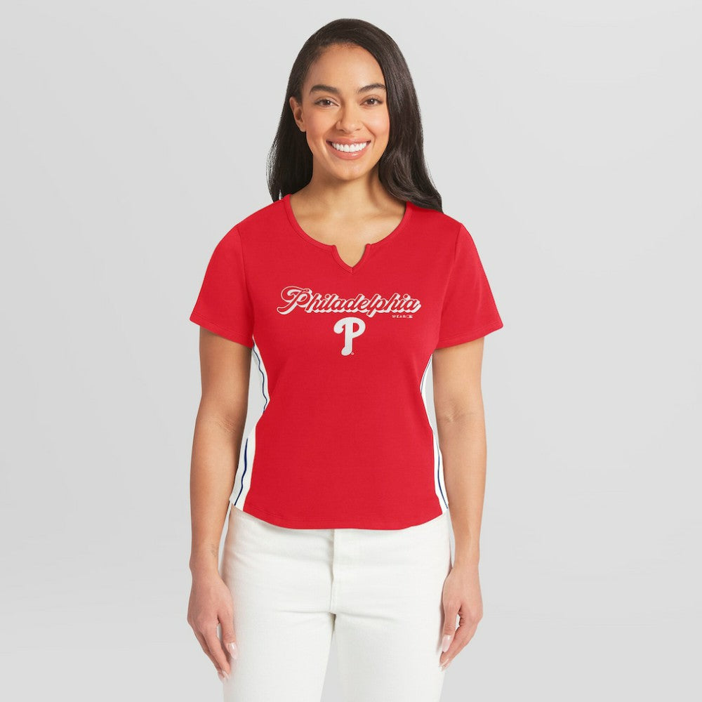 Philadelphia Phillies WEAR by Erin Andrews Women's Notch Neck Cropped T-Shirt - Red