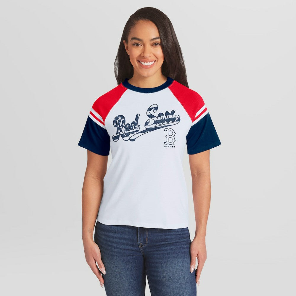 Boston Red Sox WEAR by Erin Andrews Women's Striped Raglan T-Shirt - White