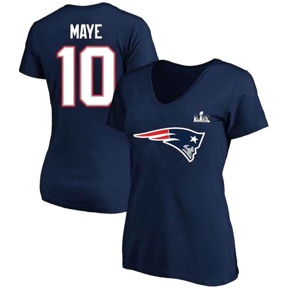 NFL New England Patriots Drake Maye  Women's Super Bowl LX Patch Plus Size Name & Number V-Neck T-Shirt