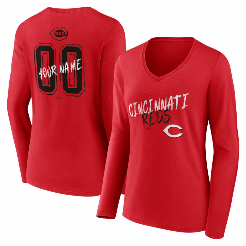 Cincinnati Reds Women's Hustle Personalized Name & Number Long Sleeve V-Neck T-Shirt - Red