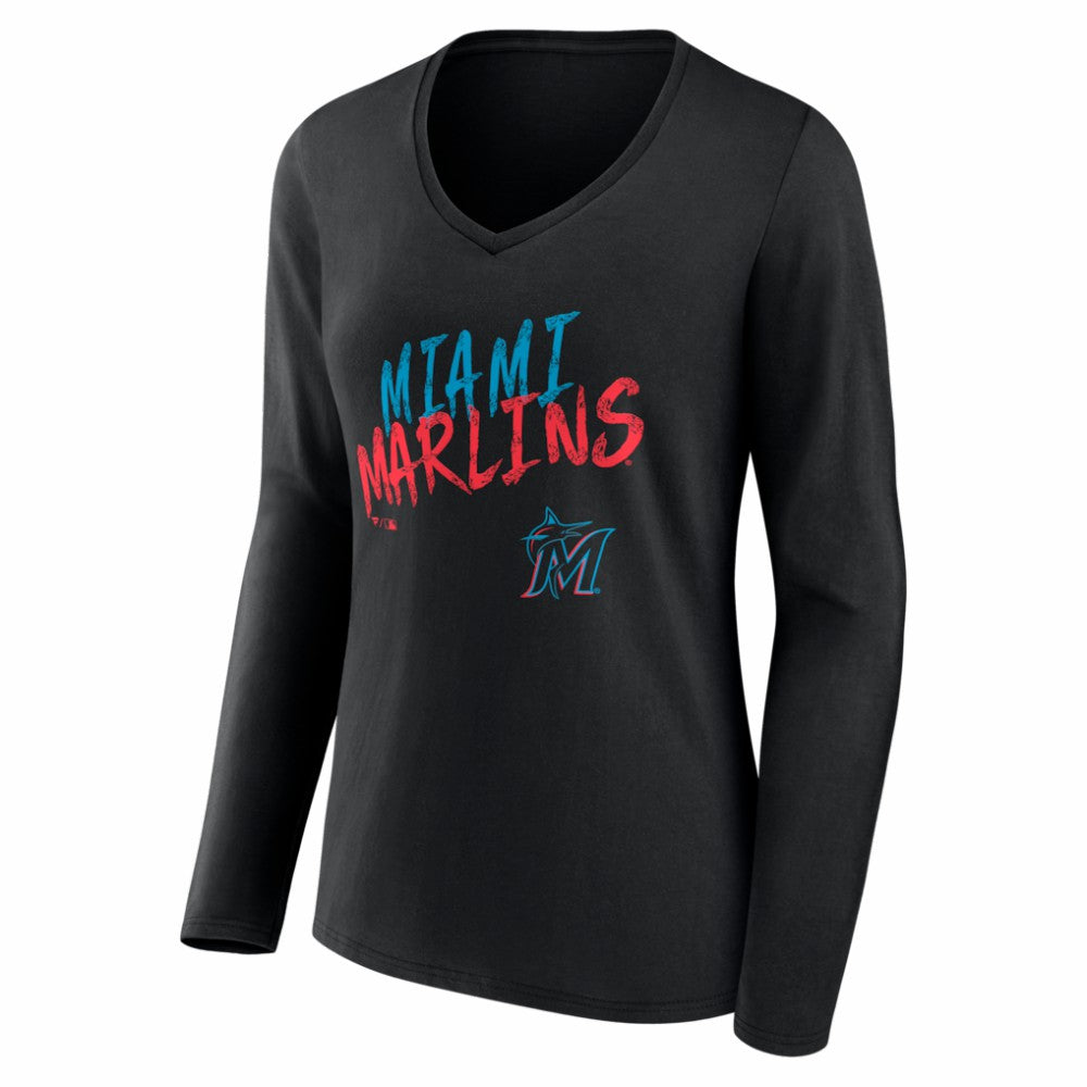 Miami Marlins Women's Hustle Personalized Name & Number Long Sleeve V-Neck T-Shirt - Black