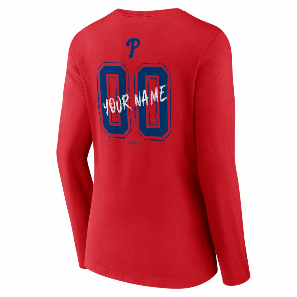 Philadelphia Phillies Women's Hustle Personalized Name & Number Long Sleeve V-Neck T-Shirt - Red