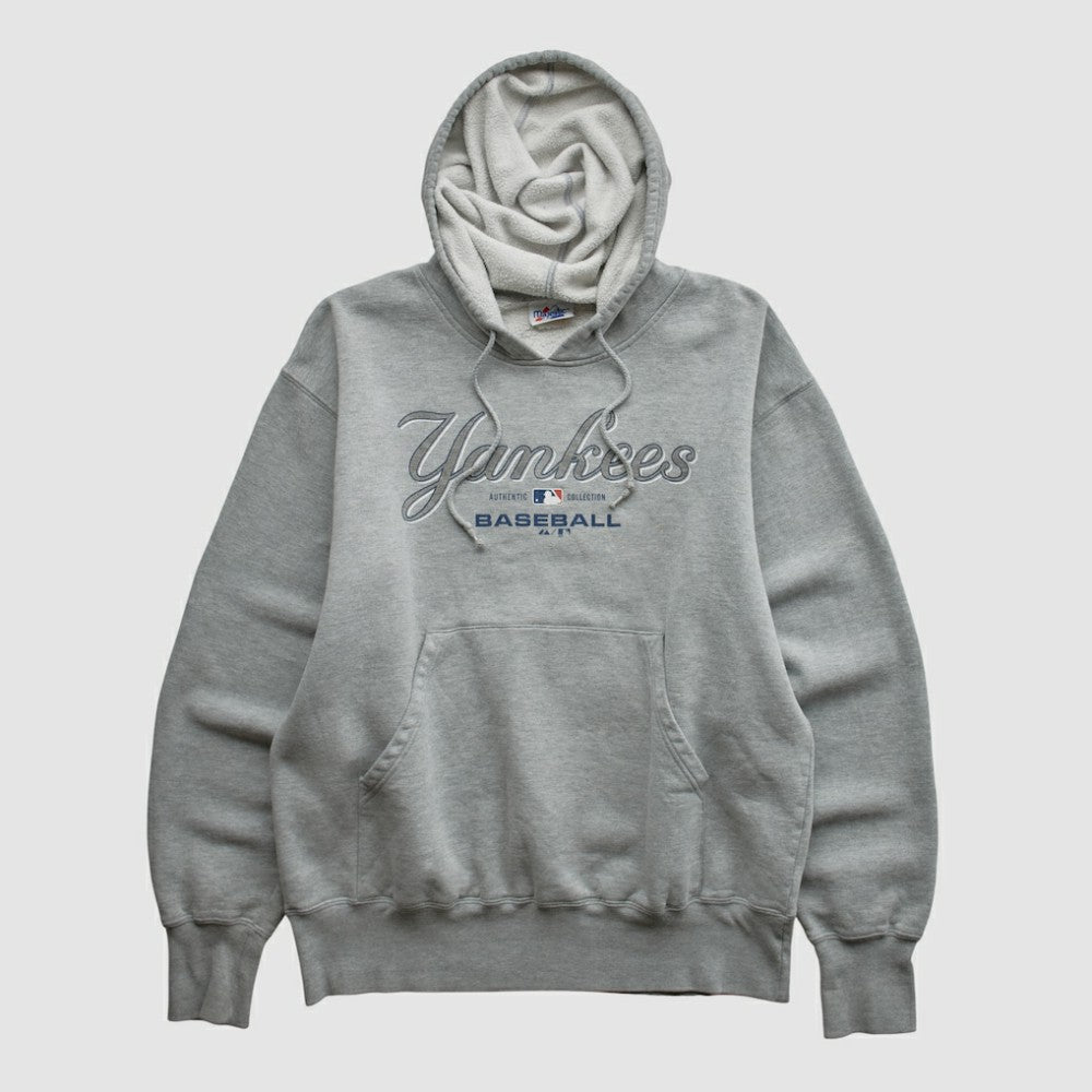 New York Yankees Majestic 2000s Hooded Pullover Sweatshirt - Heather Gray Vintage