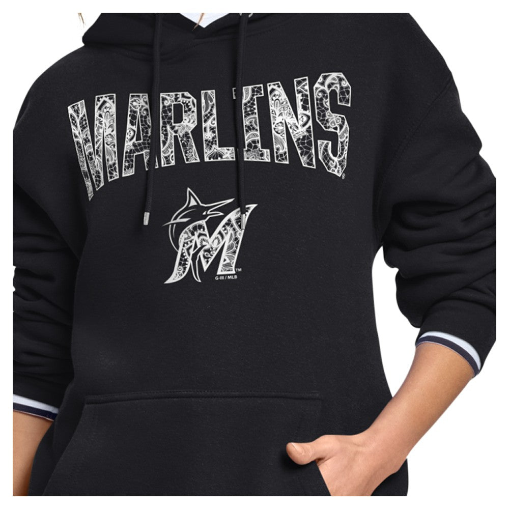 Miami Marlins Starter Women's Lace Team Lockup Fleece Hoodie - Black