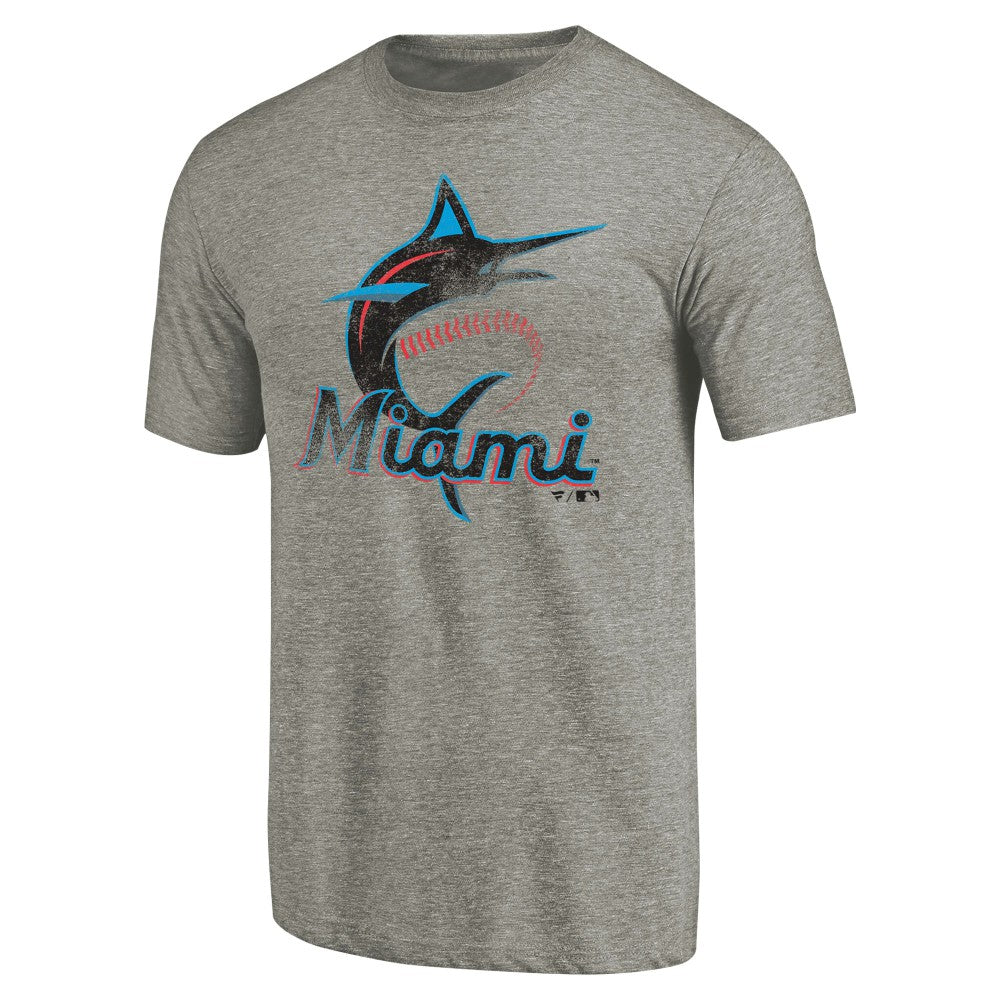 Miami Marlins Distressed Team Tri-Blend T-Shirt - Ash