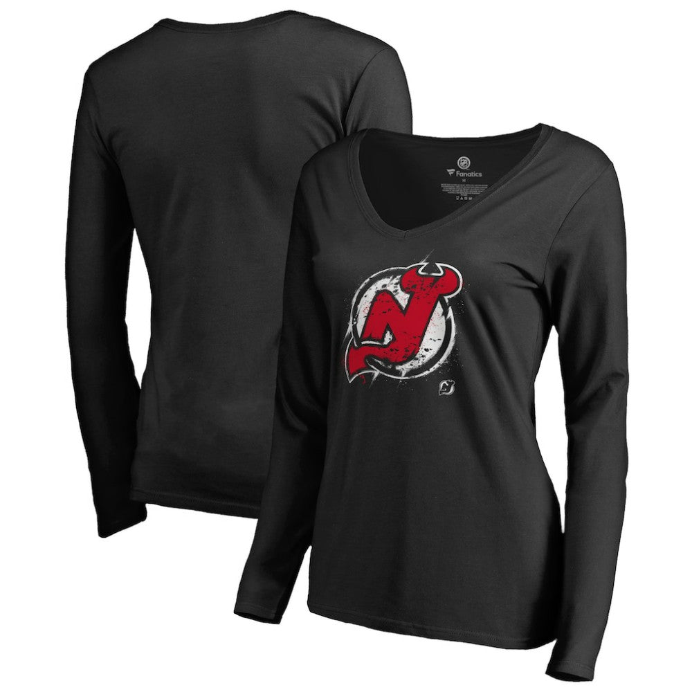 New Jersey Devils Women's Splatter Logo V-Neck Long Sleeve T-Shirt