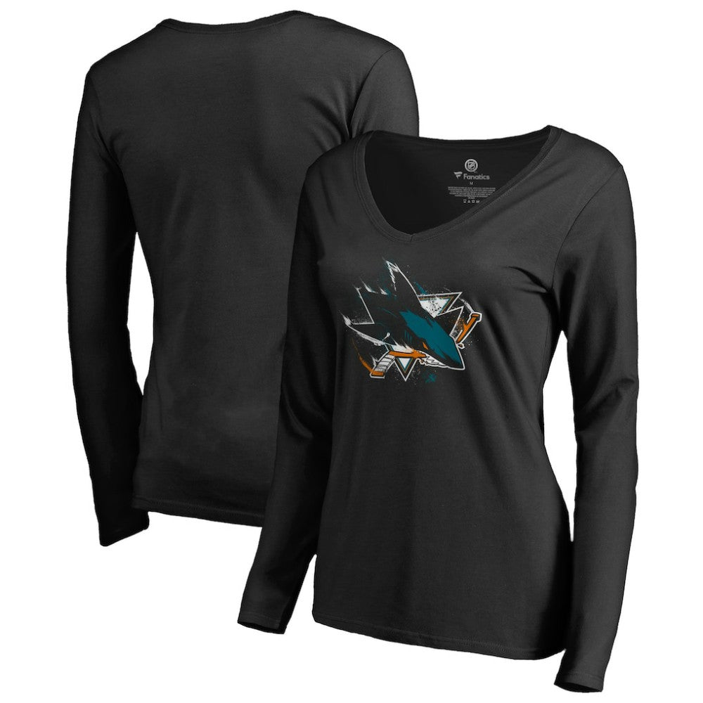 San Jose Sharks Women's Splatter Logo V-Neck Long Sleeve T-Shirt