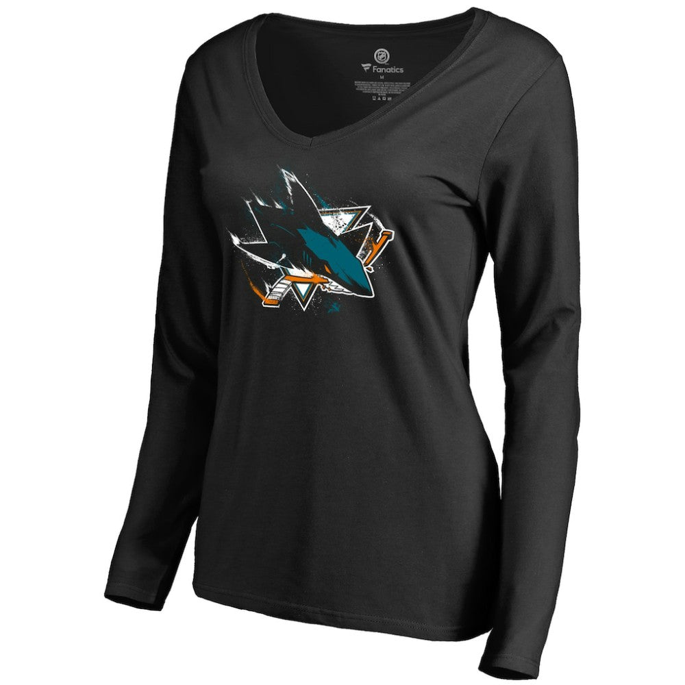 San Jose Sharks Women's Splatter Logo V-Neck Long Sleeve T-Shirt