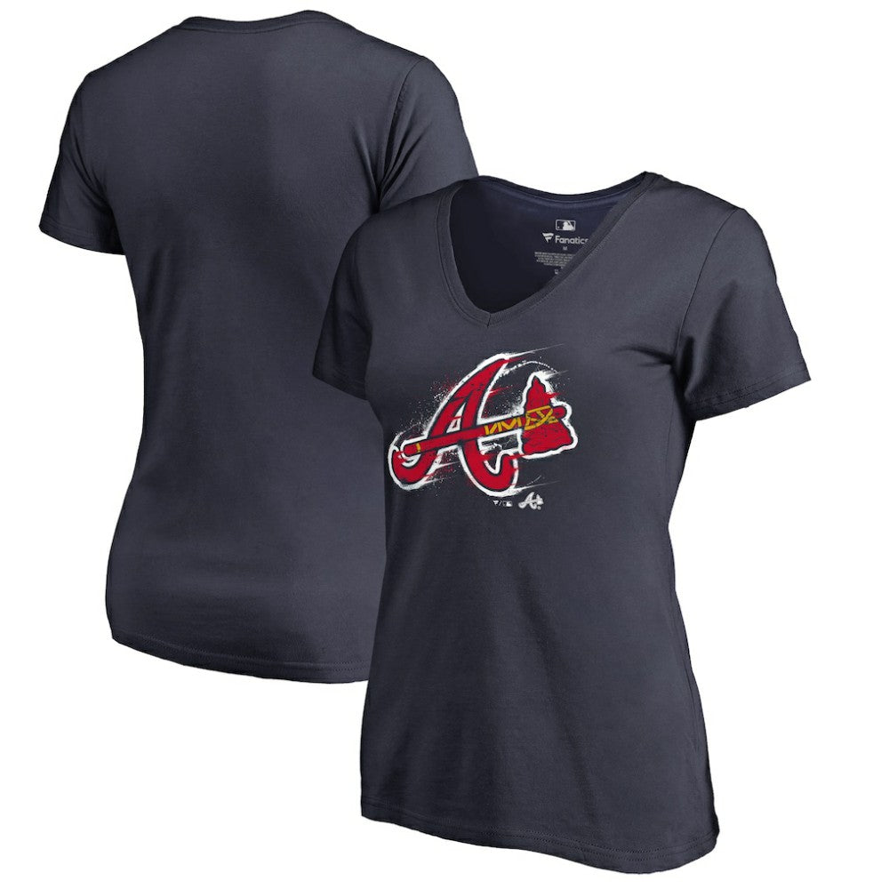 Atlanta Braves Women's Splatter Logo V-Neck T-Shirt - Navy