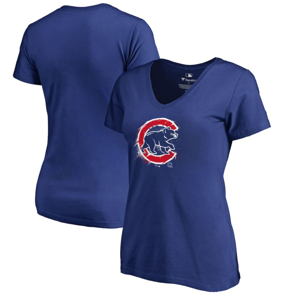 Chicago Cubs Women's Splatter Logo V-Neck T-Shirt - Royal