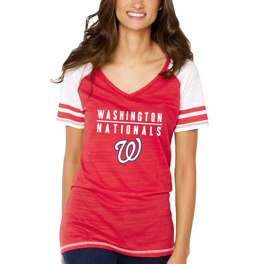 Washington Nationals Soft as a Grape Women's Color Block V-Neck T-Shirt - Red