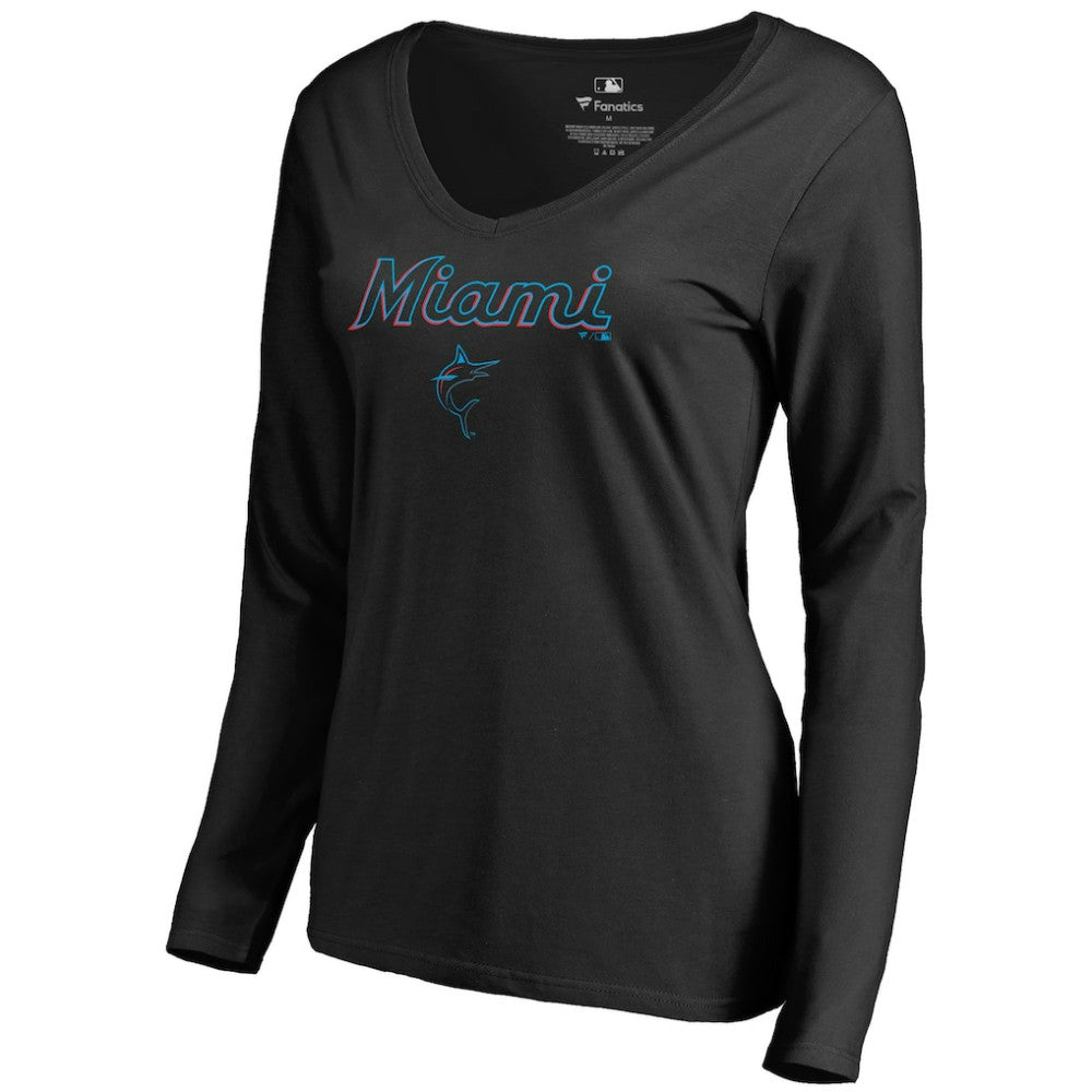 Miami Marlins Women's Team Lockup Slim Fit Long Sleeve V-Neck T-Shirt - Black