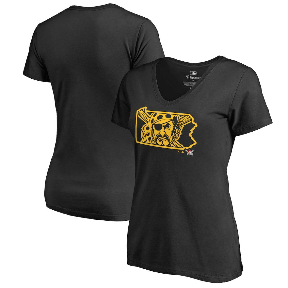 Pittsburgh Pirates Women's Hometown Collection Bucco State V-Neck T-Shirt - Black