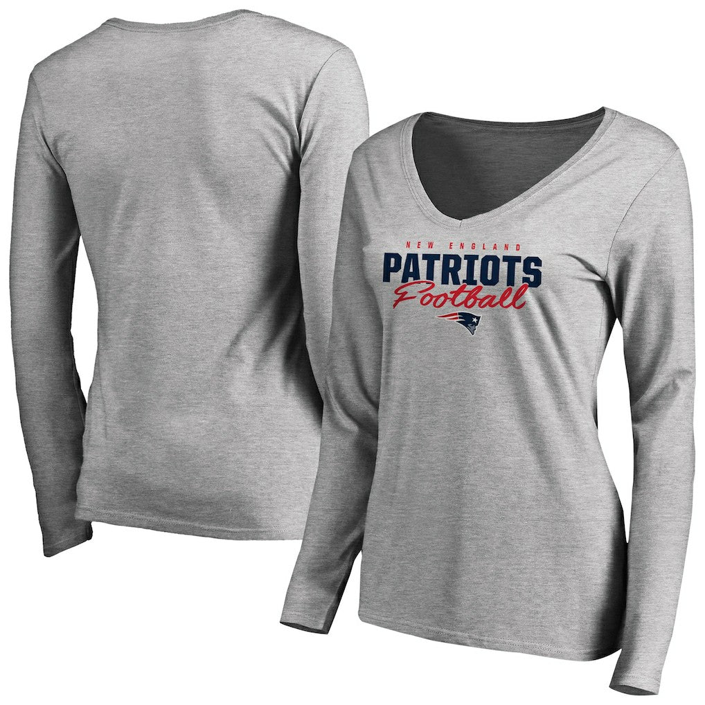 NFL New England Patriots Women's Iconic Collection Script Assist Long Sleeve V-Neck T-Shirt