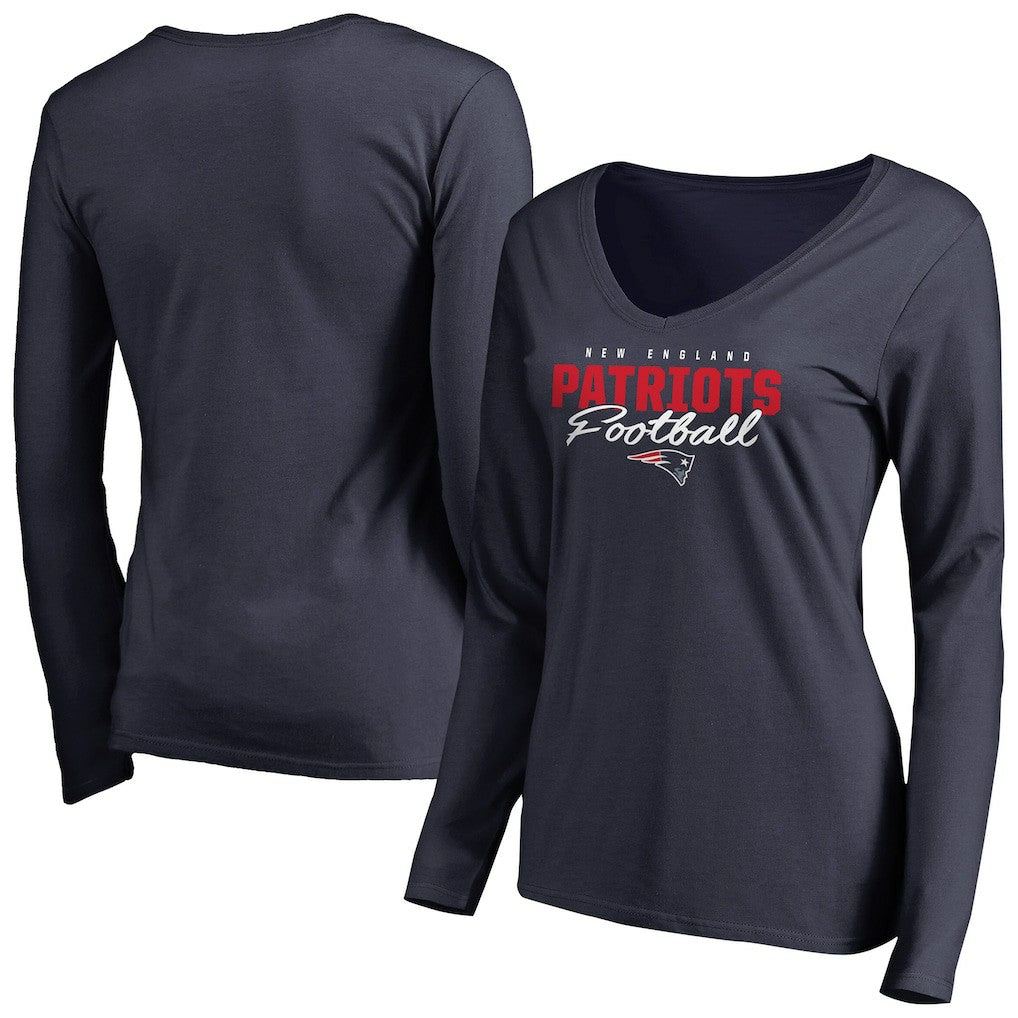 NFL New England Patriots Women's Iconic Collection Script Assist Long Sleeve V-Neck T-Shirt
