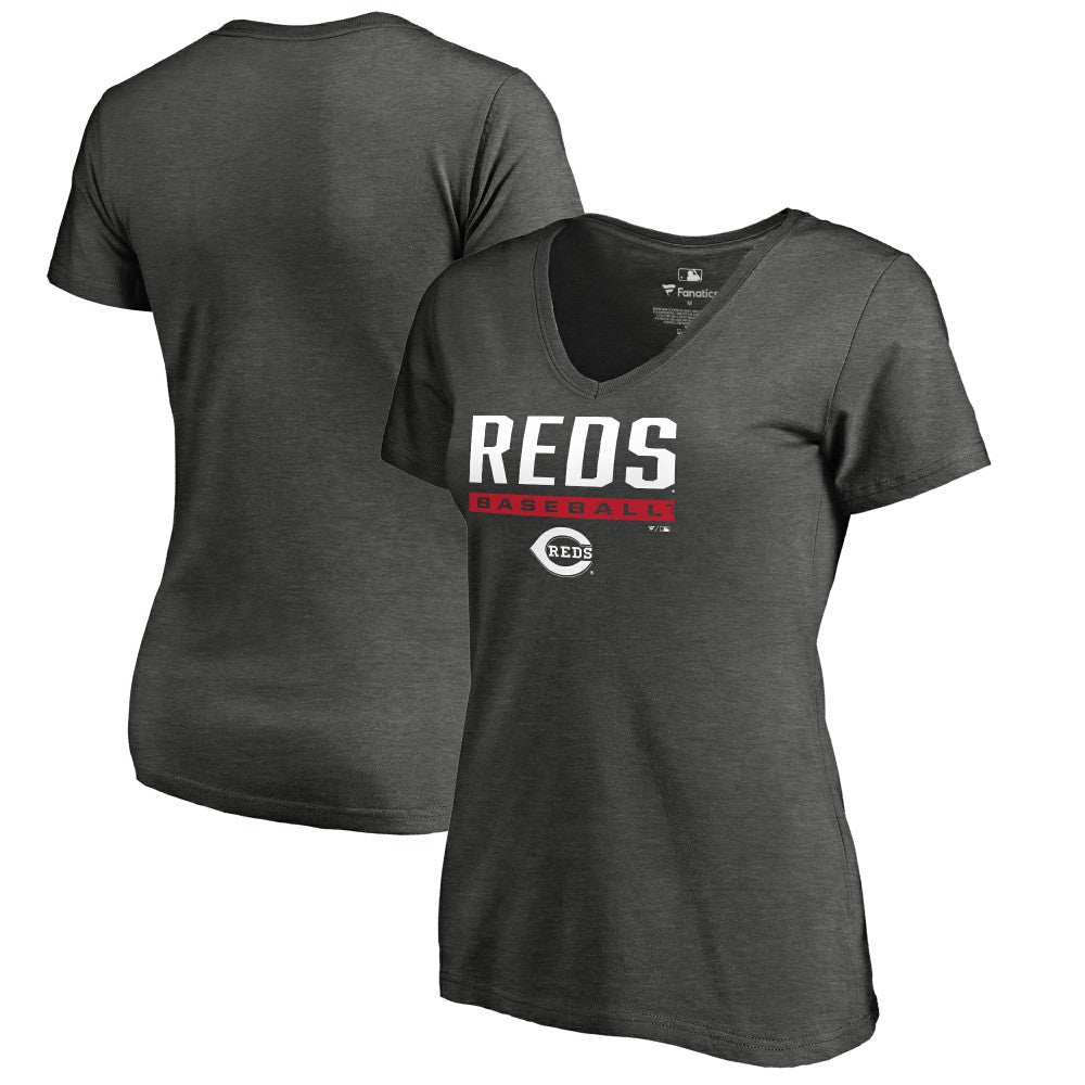 Cincinnati Reds Women's Win Stripe V-Neck T-Shirt - Ash