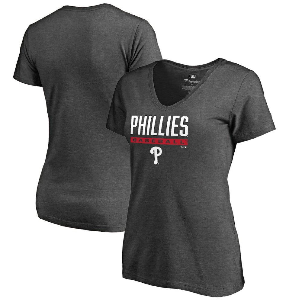 Philadelphia Phillies Women's Win Stripe V-Neck T-Shirt - Ash
