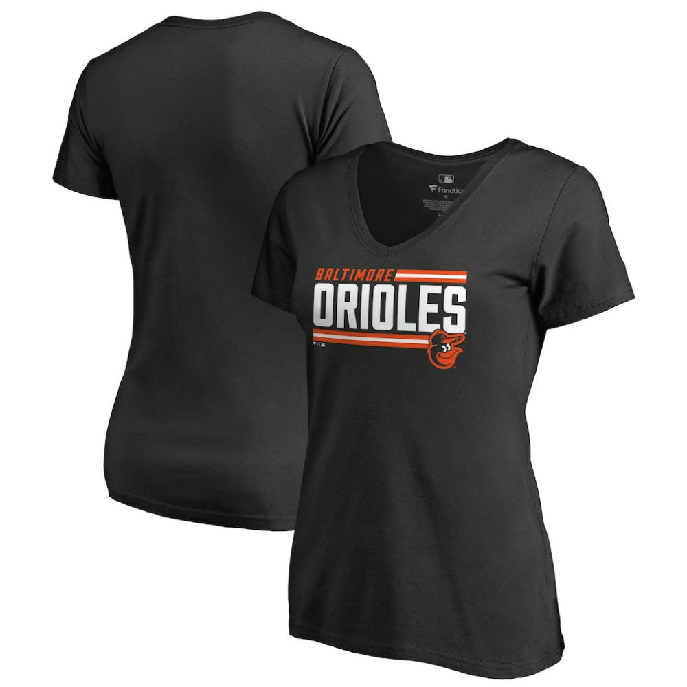 Baltimore Orioles Women's Onside Stripe V-Neck T-Shirt - Black