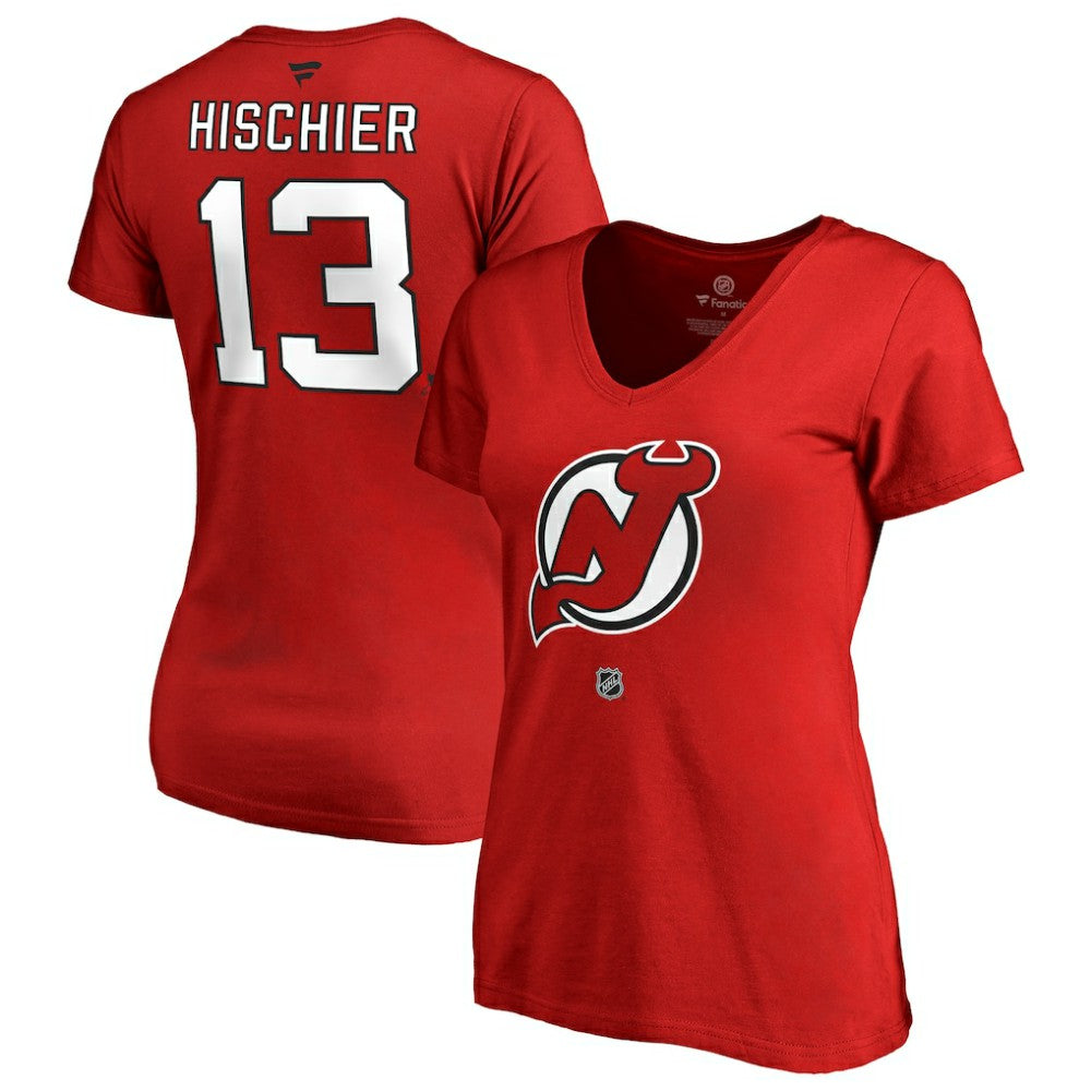 Nico Hischier New Jersey Devils Women's Authentic Stack Name & Number V-Neck T-Shirt
