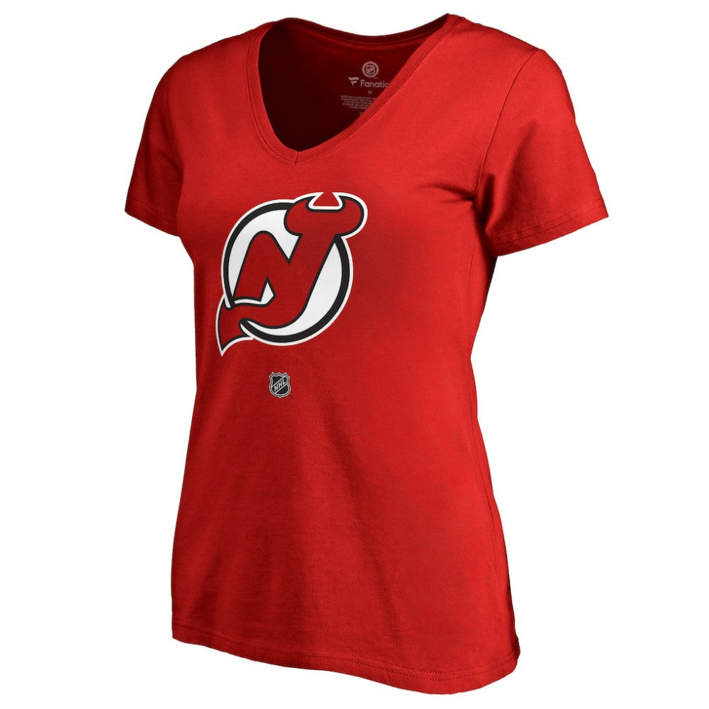 Nico Hischier New Jersey Devils Women's Authentic Stack Name & Number V-Neck T-Shirt