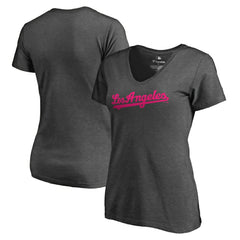 Los Angeles Dodgers Women's Pink Wordmark V-Neck T-Shirt - Heathered Gray