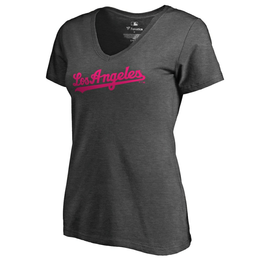 Los Angeles Dodgers Women's Pink Wordmark V-Neck T-Shirt - Heathered Gray