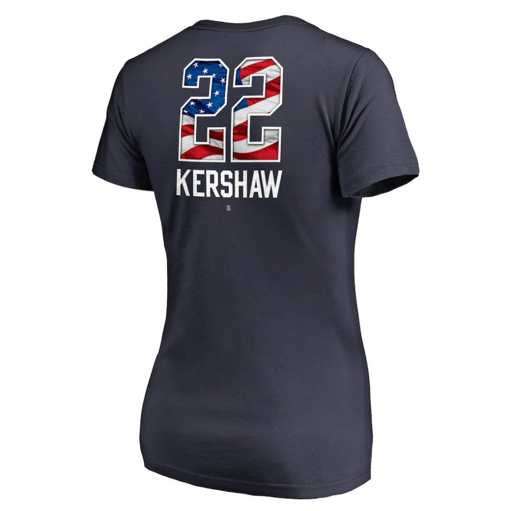 Clayton Kershaw Los Angeles Dodgers Women's Banner Wave Name & Number V-Neck T-Shirt - Navy