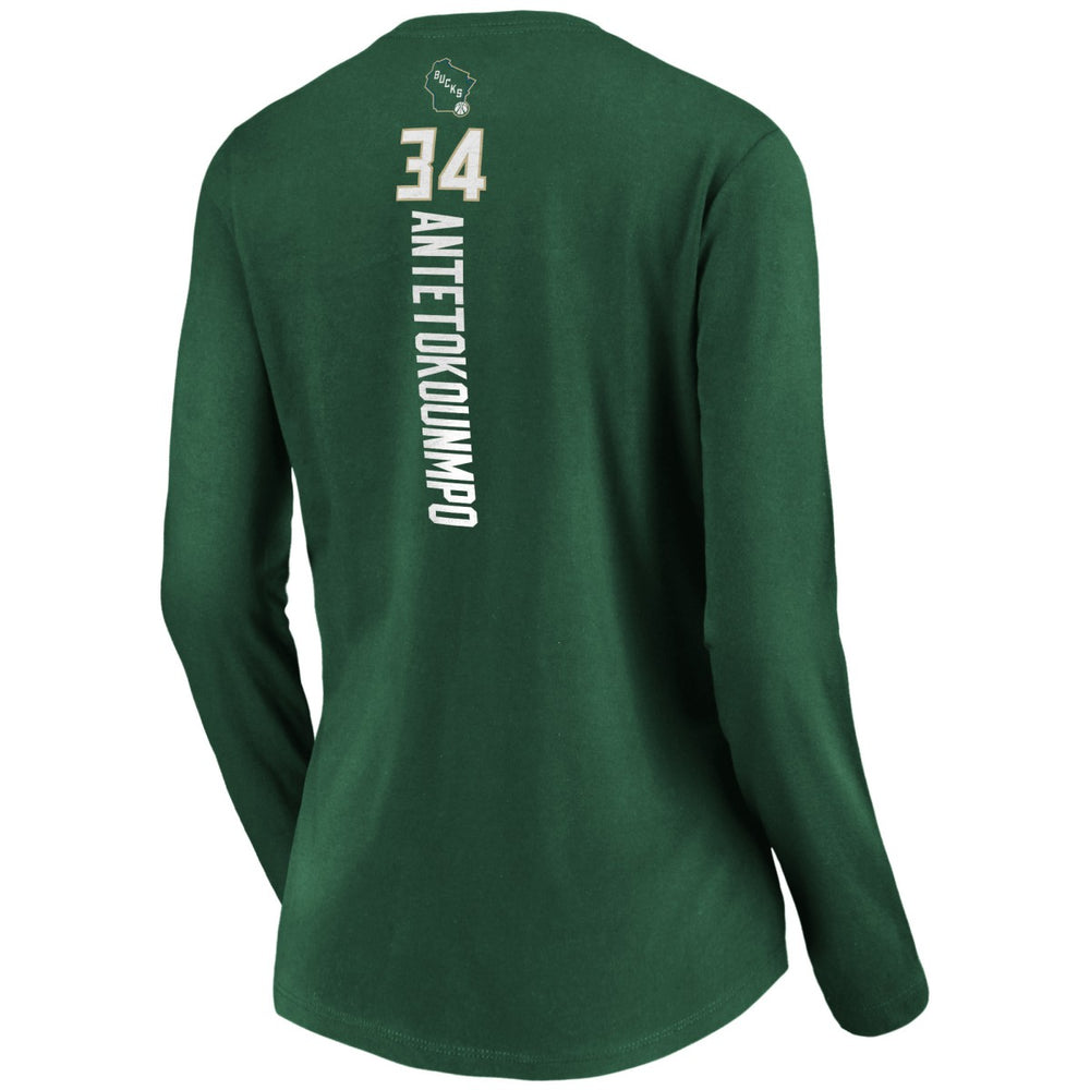 Giannis Antetokounmpo Milwaukee Bucks Women's Playmaker Name & Number Long Sleeve V-Neck T-Shirt - Green shop