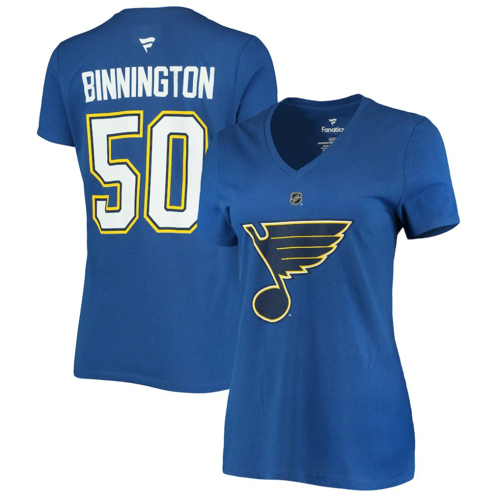 Jordan Binnington St. Louis Blues Fanatics Women's Authentic Stack Name & Number V-Neck T-Shirt