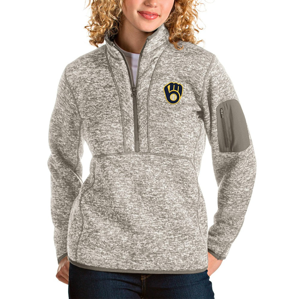 Milwaukee Brewers Antigua Women's Team Fortune Quarter-Zip Pullover Jacket - Oatmeal