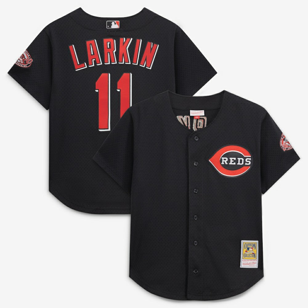 Barry Larkin Cincinnati Reds Cooperstown Collection Mesh Batting Practice Button-Up Jersey - Black | Mitchell & Ness