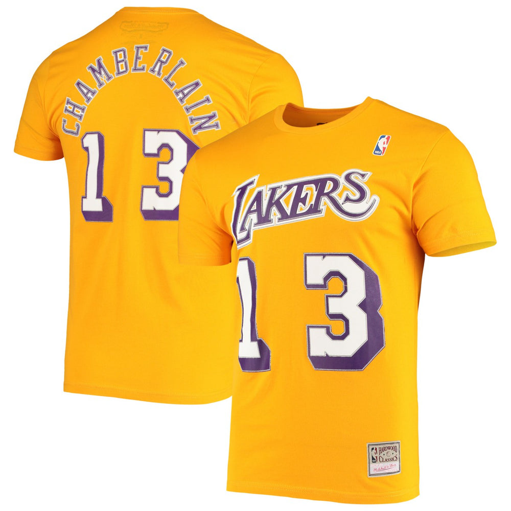 Wilt Chamberlain Los Angeles Lakers Hardwood Classics Stitch Name & Number T-Shirt - Gold | Mitchell & Ness on sale