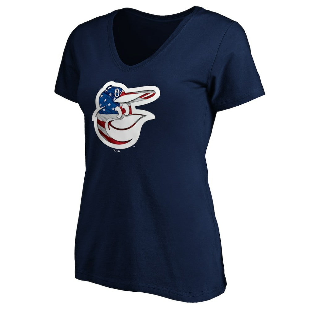 Baltimore Orioles Logo Women's Banner Wave V-Neck T-Shirt - Navy