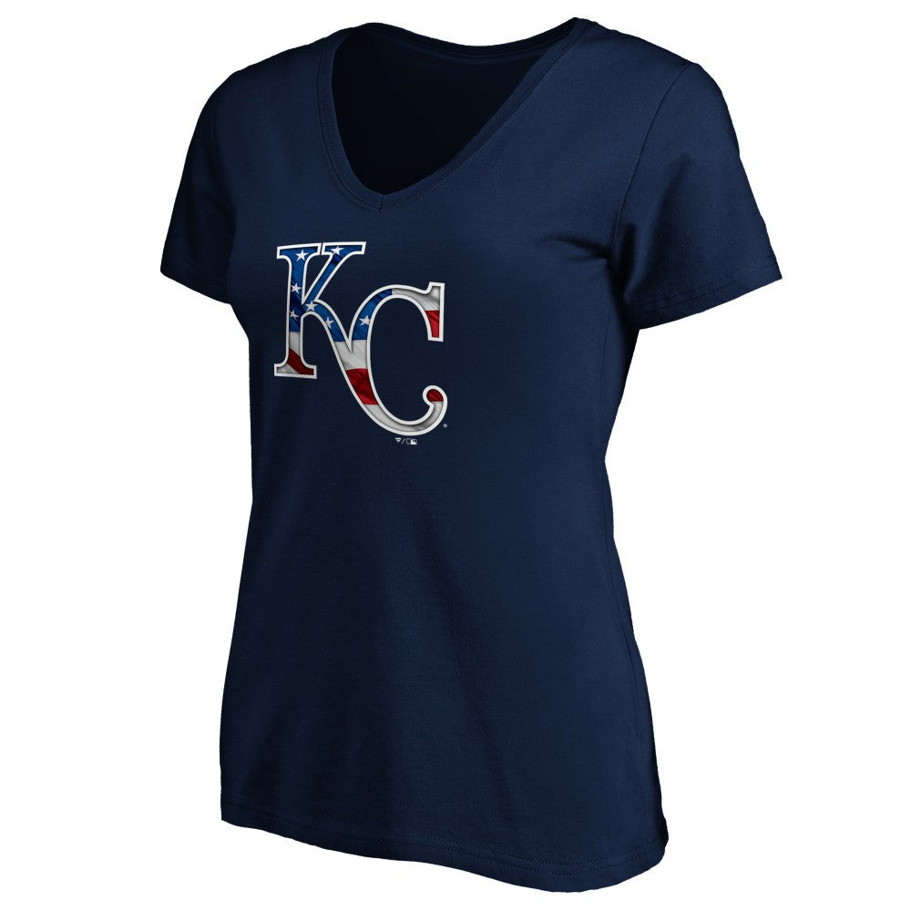 Kansas City Royals Logo Women's Banner Wave V-Neck T-Shirt - Navy