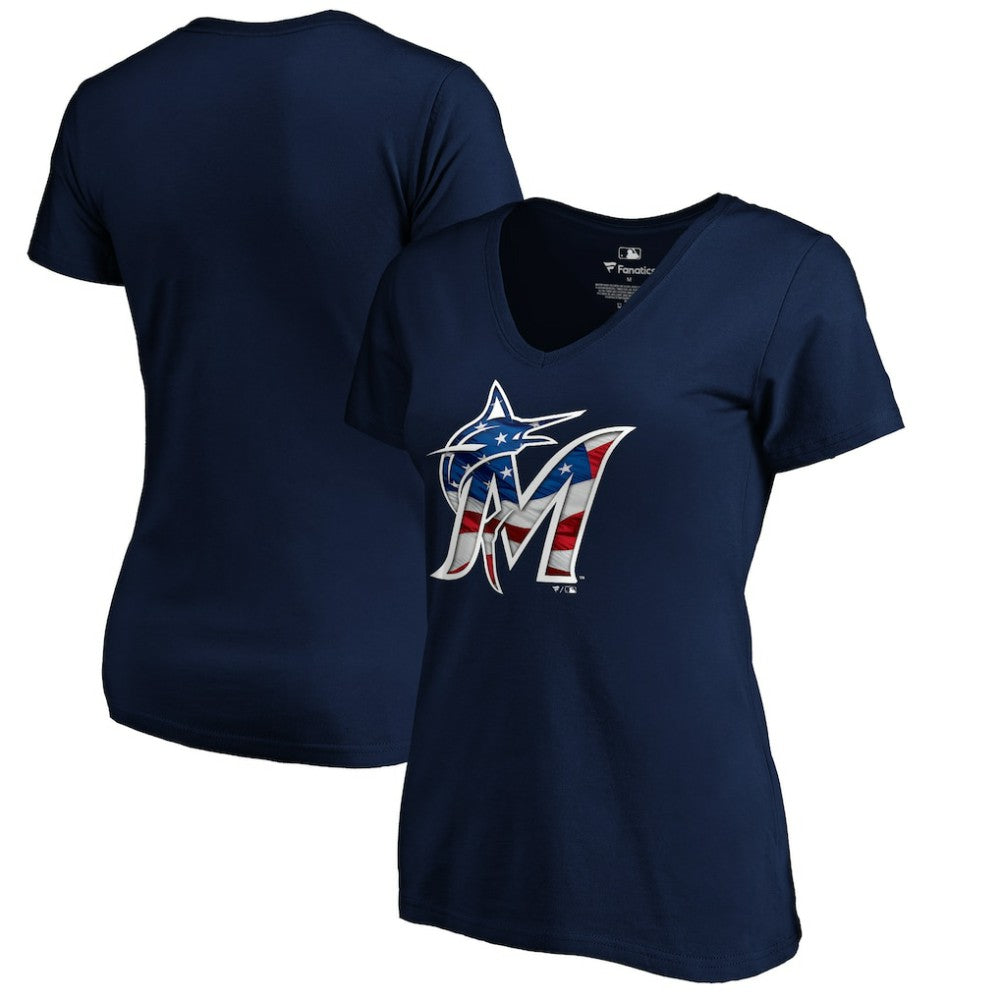 Miami Marlins Logo Women's Banner Wave V-Neck T-Shirt - Navy