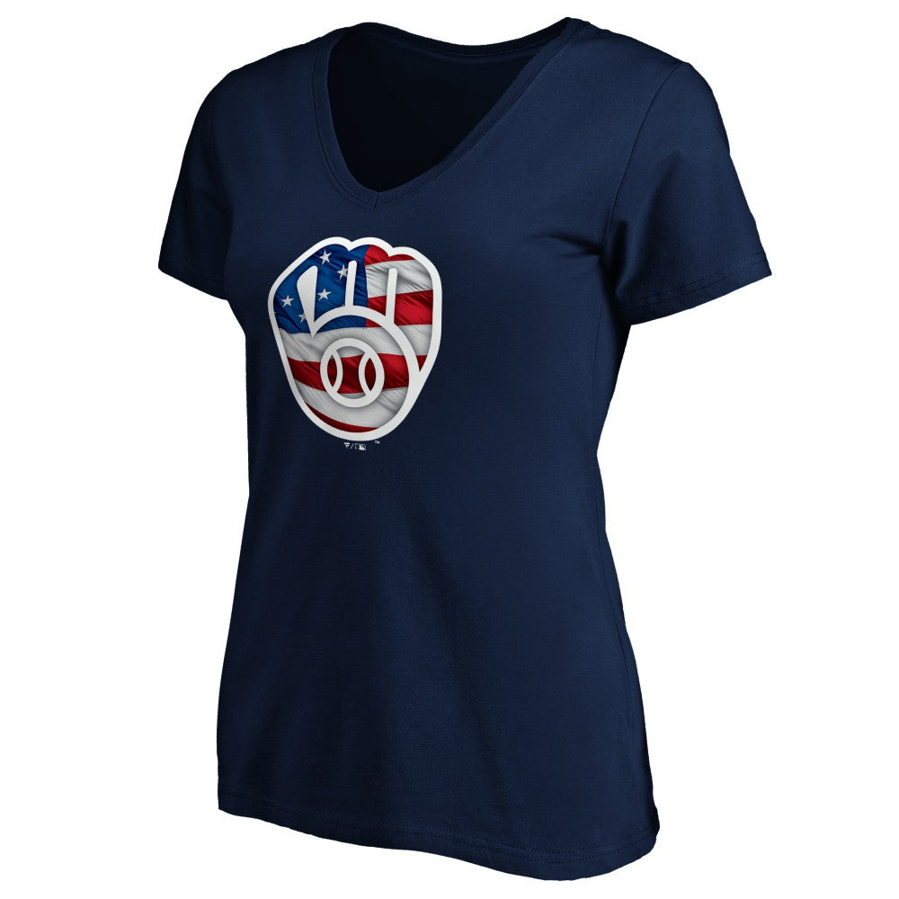 Milwaukee Brewers Logo Women's Banner Wave V-Neck T-Shirt - Navy